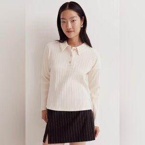 Madewell Variegated Rib Boxy Polo Antique Cream Long Sleeve Shirt M